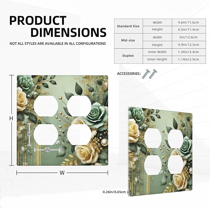 Decorative Outlet Covers Rustic Green Floral Leaves Teal Flowers Gold Stripe 2 Gang Wall Plate Cover Double Duplex Receptacle Two Switch Light Switch Cover Plate Faceplate