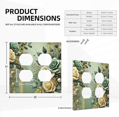 Decorative Outlet Covers Rustic Green Floral Leaves Teal Flowers Gold Stripe 2 Gang Wall Plate Cover Double Duplex Receptacle Two Switch Light Switch Cover Plate Faceplate