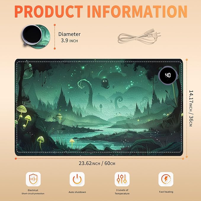 Heated Mouse Pad, Warm Desk Pad, Keyboard Mat 23.6 x 14 Inch Large Size Intelligent Fast Heating, 3 Speed Adjustable, Timed Auto Power Off for Game Office Home, Dark Fantasy Forest