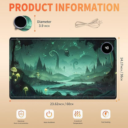 Heated Mouse Pad, Warm Desk Pad, Keyboard Mat 23.6 x 14 Inch Large Size Intelligent Fast Heating, 3 Speed Adjustable, Timed Auto Power Off for Game Office Home, Dark Fantasy Forest