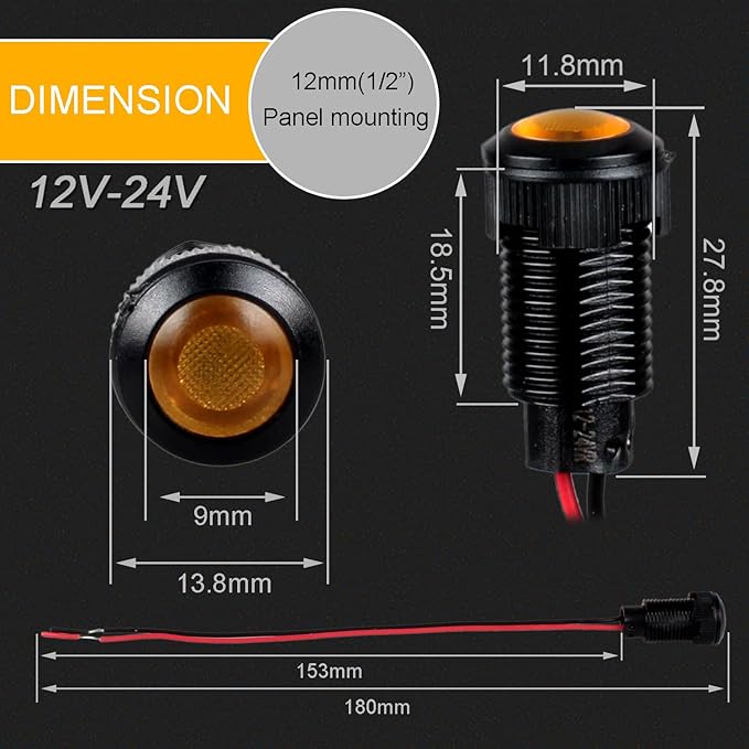 5pcs 12mm 12V-24V LED Indicator Light Plastic Black Signal Dot Lamp 12V-24V 1/2 inches Mounting Hole Size with 15cm/5.9in. Wire (Yellow LED)