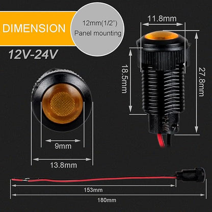 5pcs 12mm 12V-24V LED Indicator Light Plastic Black Signal Dot Lamp 12V-24V 1/2 inches Mounting Hole Size with 15cm/5.9in. Wire (Yellow LED)