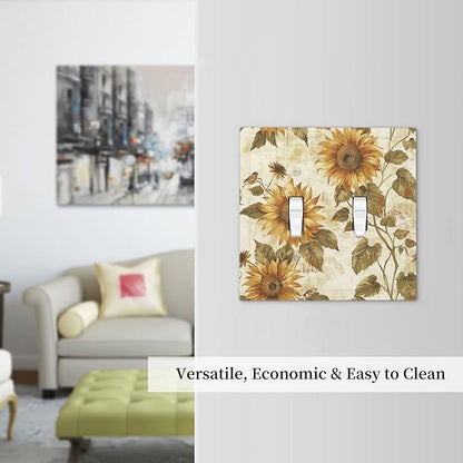 Decorative Switch Plates Rustic Sunflower Floral Pattern 2 Gang Double Toggle Outlet Light Switch Cover Wall Plate Electrical Faceplate for Bedroom Cabin Decor