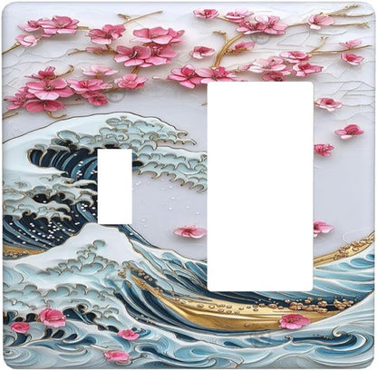 Outlet Covers The Great Wave Off Kanagawa With Sakura 1 Toggle 1 Rocker Combination Decorative Wall Plate Electrical Switch Plates Light Switch Cover Plate for Bedroom Bathroom Decor