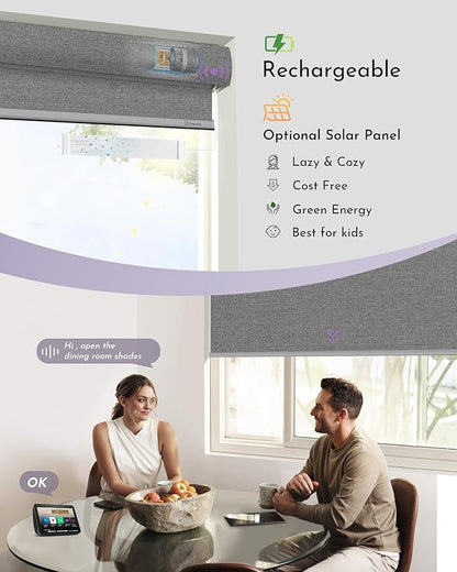 Graywind Smart Blackout Roller Shades Compatible with Alexa Google Textured Fabric Rechargeable Motorized Blinds Cordless Remote Control Window Shades, Custom Size (Weaving Cloud)