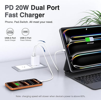 USB C Wall Charger Block 20W, 3-Pack Dual Port PD Power Delivery Fast Type C Charging Block Plug Adapter for iPhone 12/13/14/15/16/17/Pro Max, XS/XR/X, iPad Pro, AirPods Pro, Samsung Galaxy(White)