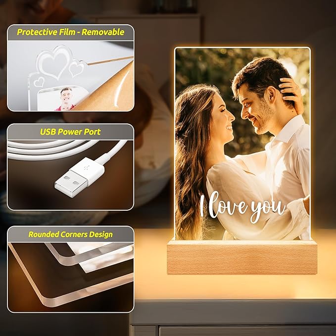 Custom Picture Frames with Photo, Personalized Photo Frame with Night Light, Customized Picture Frame, Personalized Anniversary Valentines Day Gifts for Women Men Girlfriend Boyfriend Her Him