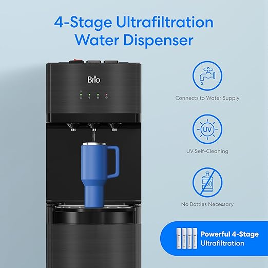 Brio Bottleless Water Cooler Dispenser w/ 4-Stage Filters (Included) removes PFAS & Microplastics for Clean Drinking Water, NSF Certified | 3 Temp (Hot, Room, Cold) w/Child Safety Lock & LED Display