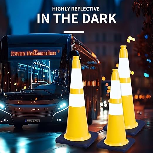 BESEA 4PACK 28” inch Traffic Safety Cones Yellow Road Parking Cones Heavy Duty Construction Cone Structurally Stable for Traffic Control at Public Place