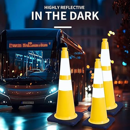 BESEA 4PACK 28” inch Traffic Safety Cones Yellow Road Parking Cones Heavy Duty Construction Cone Structurally Stable for Traffic Control at Public Place