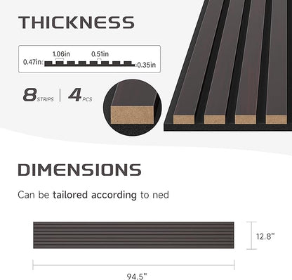 Stylish Decorative Wall Panels, 4 Pack 8 x 1 ft, Modern Acoustic Wood Panels with Felt Backing, Black-Brown Oak