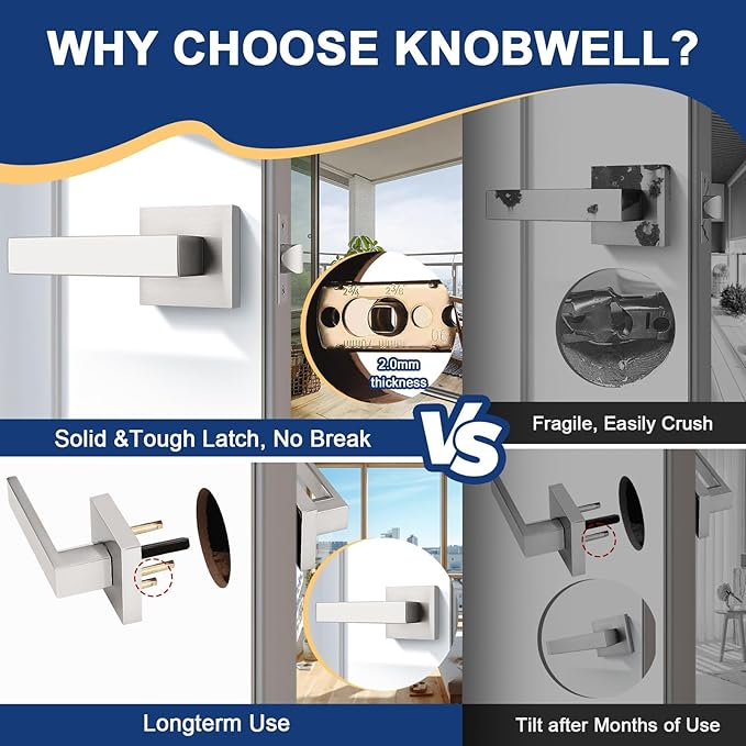 KNOBWELL 5 Pack Passage Door Handle Brushed Nickel Interior Door Knob, Pull Only Door Levers for Closet Hallway Satin Nickel Modern Door Lever(No Lock)