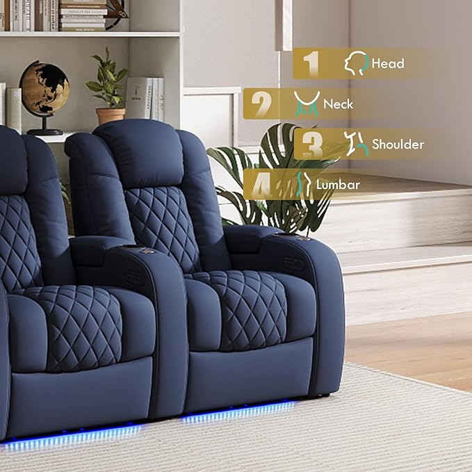 Weilianda Home Theater Seating Top Grain Leather Zero Gravity Recliner Chair Power Headrest Recline Movie Seat Gaming 7 Colors Mood Light Sofa with Tray Table USB Charge Row of 4 Blue