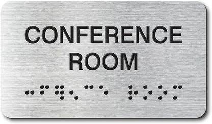 Conference Room Signs with Raised Text & Grade 2 Braille, Brushed Aluminum/Silver Finish Easy Install with Double-Sided Tape, ADA Compliant Conference Room Office Door Sign