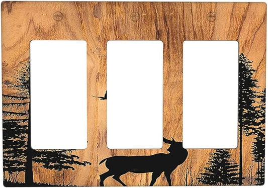 Light Switch Covers Rustic Farmhouse Orange Brown Pine Tree Deer Wood Grain 3 Gang Rocker Electrical GFCI Decorative Triple Outlet Wall Plate Cover Switchplate for living Room Cabin