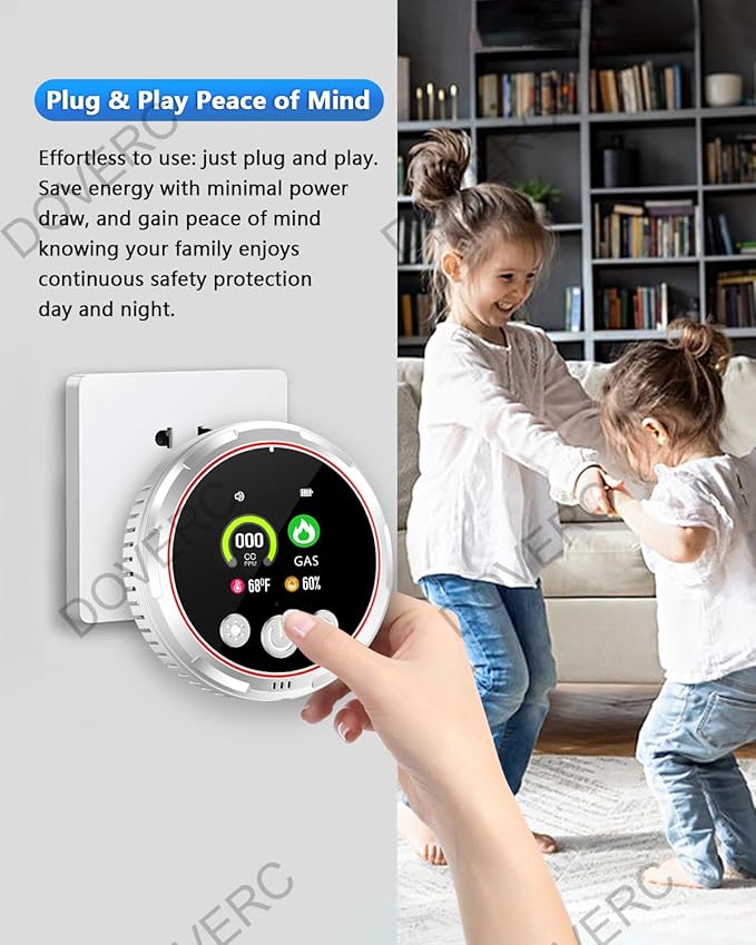 4 in 1 Carbon Monoxide Detectors Plug in, Real-Time Monitor CO & Gas Leak Detector with Temp/Humidity Display, Portable Carbon Monoxide (CO) Alarm Natural Gas Detector for Home, RV Camping Essentials