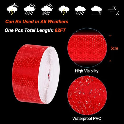 PATIKIL 2 Inch x 82 ft Reflective Tape, 1 Roll Waterproof Self Adhesive High Visibility Caution Warning Safety Tape Reflector with Scraper for Trucks Trailers Cars, Red