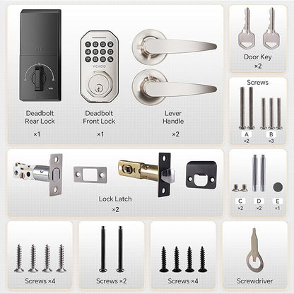 Keyless Entry Door Lock Set Smart Locks for Front Keypad Door Lock with Handle Low Battery Warning Automatic Lock One Time Password Anti Peeping Password IP54, Satin Nickel