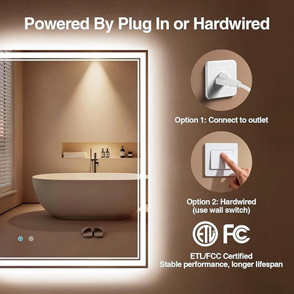 28"x 36" LED Bathroom Mirror with Anti-Fog, Dimmable Backlit + Front Lit, LED Bathroom Vanity Mirror for Wall, Memory Function, Shatter-Proof Glass, ETL Listed(NHYJ7922D)