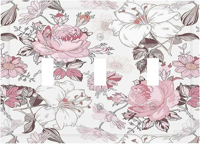 Decorative Switch Plates Modern Watercolor Flower Pink White Wildflower 3 Gang Wall Plate Faceplate Triple Toggle Light Switch Cover Electrical Wall Panels for Bedroom Home Decor