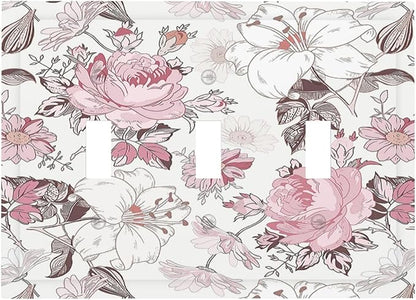 Decorative Switch Plates Modern Watercolor Flower Pink White Wildflower 3 Gang Wall Plate Faceplate Triple Toggle Light Switch Cover Electrical Wall Panels for Bedroom Home Decor