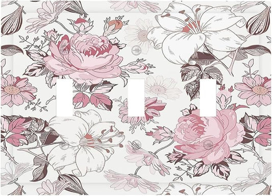 Decorative Switch Plates Modern Watercolor Flower Pink White Wildflower 3 Gang Wall Plate Faceplate Triple Toggle Light Switch Cover Electrical Wall Panels for Bedroom Home Decor
