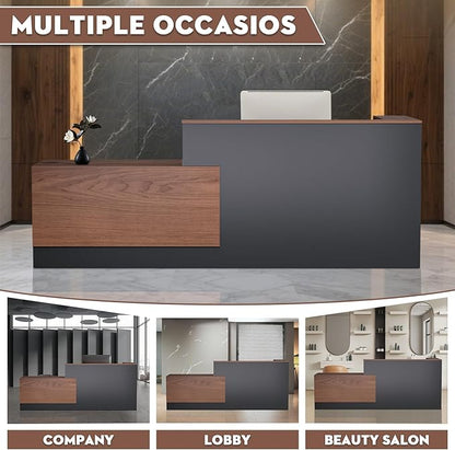 L-Shaped Modern Reception Desk with Counter & Storage - 84" Large Office Front Desk, Salon Checkout Counter with Lockable Cabinets, Shelves (Brown & Black, Right - 84''L x 34''W x 41''H)