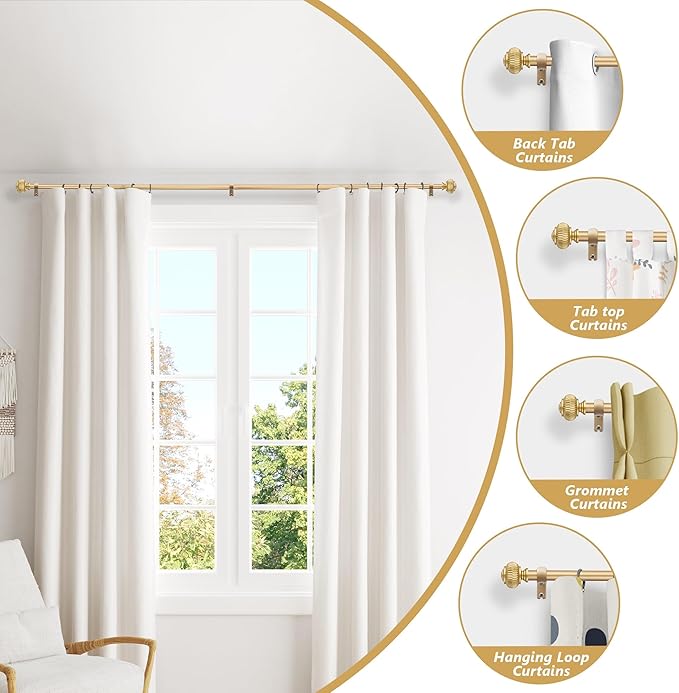 Gold Curtain Rods for Windows 28 to 48 Inches 6/8 Inch Adjustable Heavy Duty Curtain Rods with Lantern Ball Finials,Window Treatment Single Curtain Rod Set