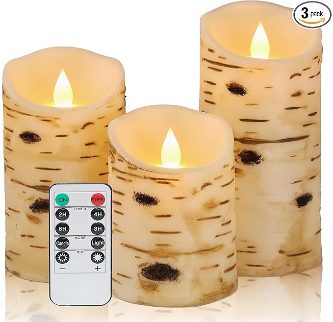 Comenzar Flameless Candles Birch Bark Candle LED Candles Home Decor H: 456" x D: 3.25" Electric Candle Faux Candles with Remote Timer Pack 3
