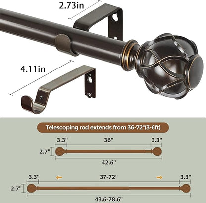KAMANINA 1 Inch Curtain Rod Telescoping Single Drapery Rod 36 to 72 Inches (3-6 Feet), Antique Bronze Curtain Rods for Windows 24 to 68 Inches, Netted Texture Finials