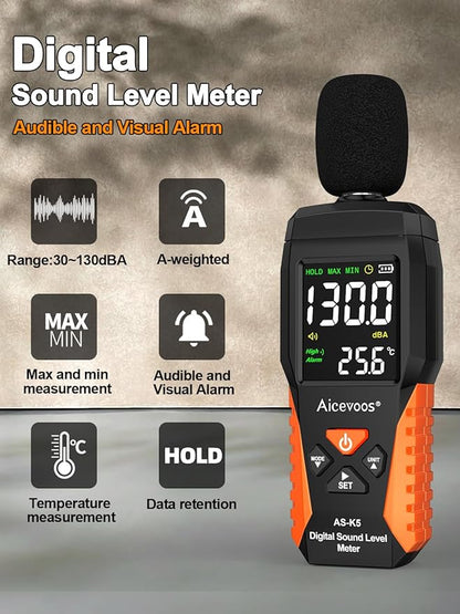 Decibel Meter Portable Sound Level Meter dB Meter decibel sound Meter Measuring 30~130 dB, Audible and Visual Alarms, MAX/MIN Noise Measurement