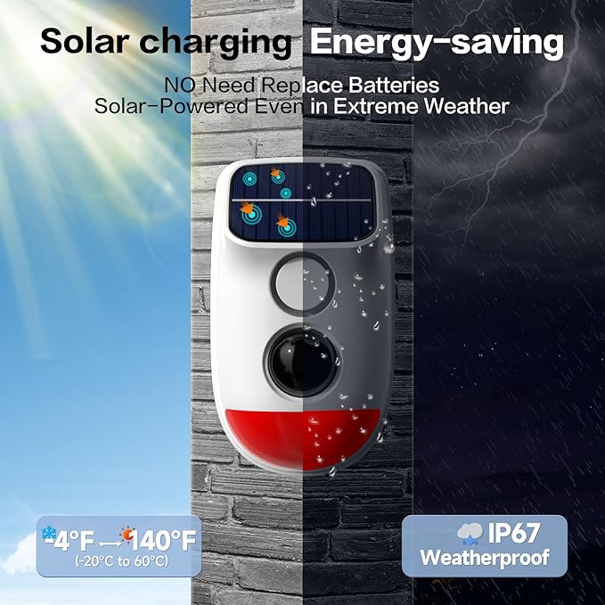 Solar Motion Sensor Alarm - 120dB IP65 Waterproof Security Siren with Strobe Light, 3 Modes for Yard/Farm/Home,16-26ft Pet-Friendly Detection (Buzzer Alarm)