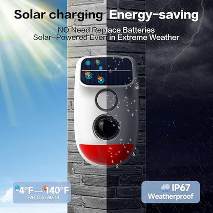 Solar Motion Sensor Alarm - 120dB IP65 Waterproof Security Siren with Strobe Light, 3 Modes for Yard/Farm/Home,16-26ft Pet-Friendly Detection (Buzzer Alarm)