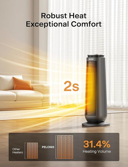 PELONIS PTH15A4BGB Ceramic Tower 1500W Indoor Space Heater with Oscillation, Remote Control, Programmable Thermostat & 8H Timer, ECO Mode, Tip-Over Switch & Overheating Protection, Gray