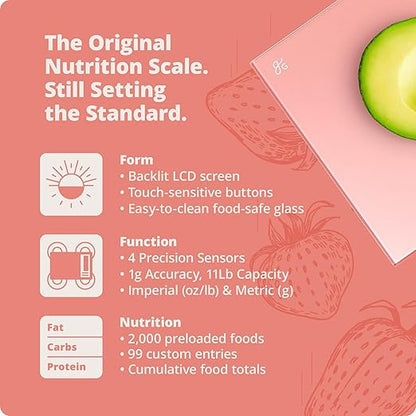 Greater Goods Digital Nutrition Scale – Accurate Macro and Calorie Tracking for Meal Prep, Weight Loss, and Healthy Eating | 2,000 Built-in Foods, Intuitive Nutrition Label Display, 11lb Cap, Pink