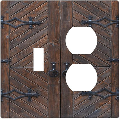 Decorative Outlet Covers Vintage Brown Wood Barn Door 2 Gang Wall Plate Single Toggle Duplex Light Switch Cover Switch Plate Covers for Farmhouse Bedroom Home Decor