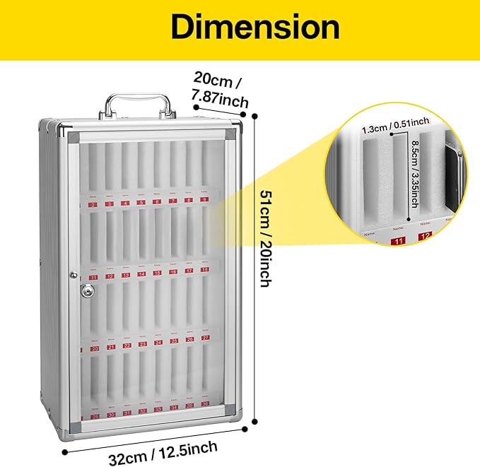 36-Slot Cell Phone Locker with Lock & Key, Heavy Duty Aluminum & Acrylic Cell Phone Storage for Classroom, Office, Retail – Wall Mount Secure Cell Phone Holder, Lock Box, Phone Jail (Silver)