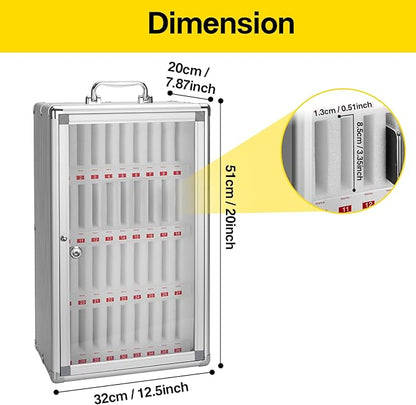 36-Slot Cell Phone Locker with Lock & Key, Heavy Duty Aluminum & Acrylic Cell Phone Storage for Classroom, Office, Retail – Wall Mount Secure Cell Phone Holder, Lock Box, Phone Jail (Silver)