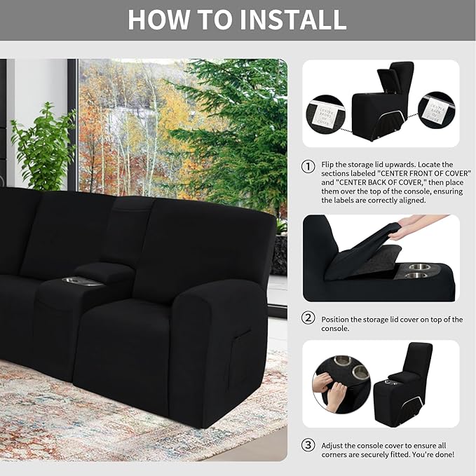 Easy-Going 100% Waterproof Recliner Console Cover, Stretch Middle Console Couch Covers for Reclining Sofas, Sectional L-Shape Furniture Protector for Kids & Pets, 1 Console Cover, Black