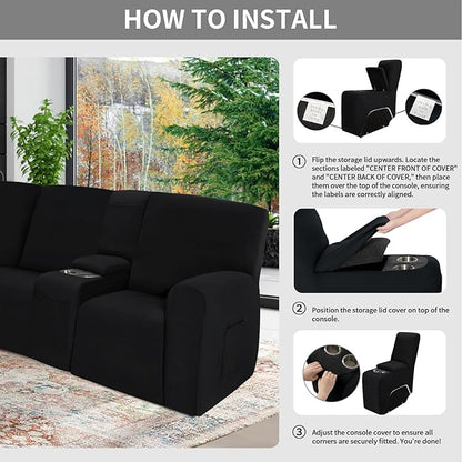 Easy-Going 100% Waterproof Recliner Console Cover, Stretch Middle Console Couch Covers for Reclining Sofas, Sectional L-Shape Furniture Protector for Kids & Pets, 1 Console Cover, Black