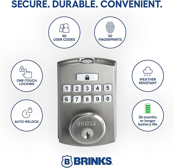 BRINKS Security Door Locks, High-Security Keyless Entry, Smart Electronic Door Lock with Deadbolt, Up to 50 Codes, Automatic Locking (Deadbolt & Passage Knob, Satin Nickel)