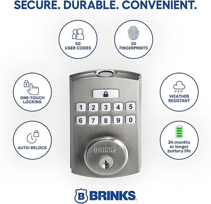 BRINKS Security Door Locks, High-Security Keyless Entry, Smart Electronic Door Lock with Deadbolt, Up to 50 Codes, Automatic Locking (Deadbolt & Passage Knob, Satin Nickel)