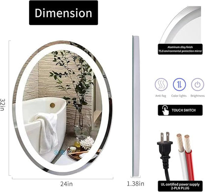 Large Oval Bathroom Mirror with Lights LED Lighted Bathroom Vanity Mirror 32 x 24 Inch Wall Mounted Vanity Mirror with 3 Color Lights Anti-Fog Waterproof & Smart Plug-in Mirror for Wall