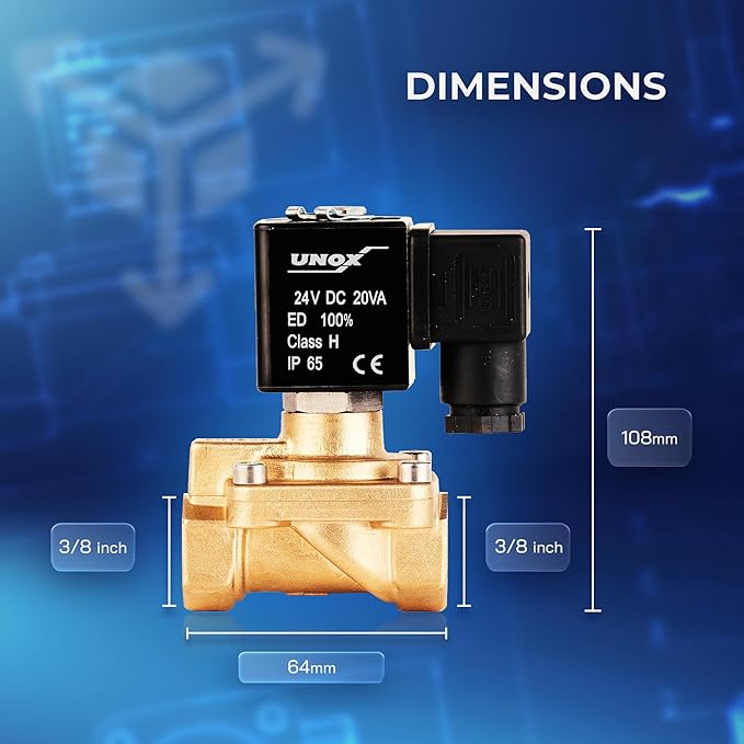 UNOX 3/8" NPT Solenoid Valve 24V DC, Brass Control Valve Normally Closed - 7-232 PSI Multi-Purpose Reliable Control Valve for Water, Air, and Gas - Solenoid Valves