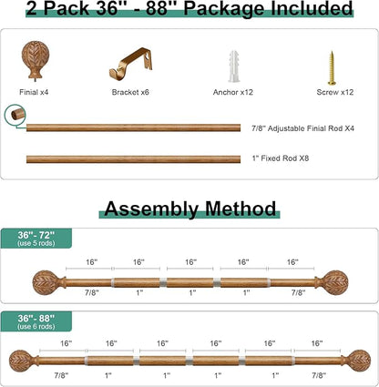 2 Pack Boho Wood Curtain Rods for Windows 48 to 84 inch,1" Adjustable Heavy Duty Window Curtain Rod with Imitation Wood Grain Finials,Rustic Decorative Drapery Rods Set 36-88'',Natural Wood