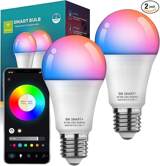 Smart Light Bulbs 2Pack, Color Changing Light Bulb Works w/Alexa Google Home, 9W A19 E26 800LM RGBTW Colored LED Bulbs, 50+ DIY Scenes, Music Sync, App & Voice Control WiFi Light Bulbs