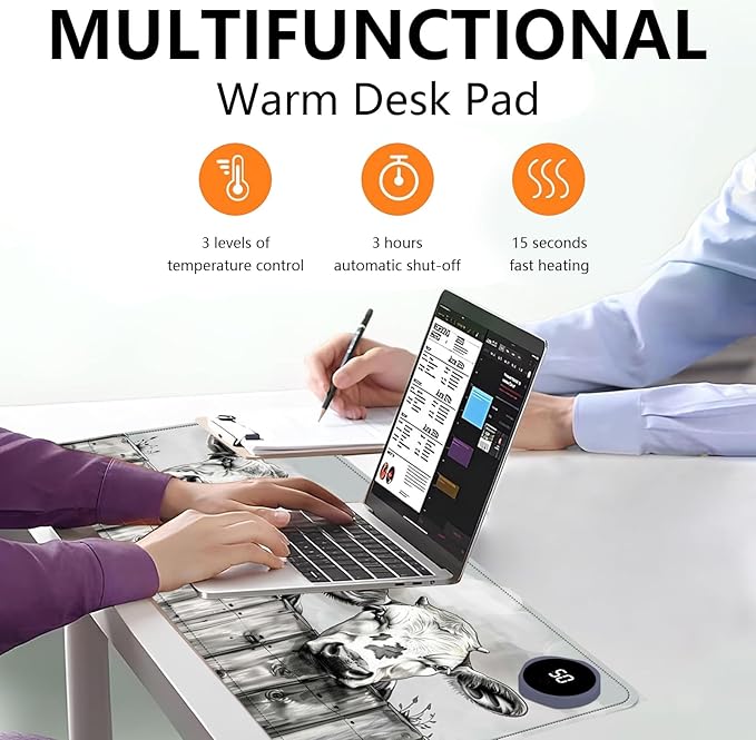 Heated Mouse Pad with 3 Levels Heated & 3 Hours Auto Shut-Off Mouse Pad for Warming Hands in Office Home, 23.6" x 14.2"Large Safe Desk Mat Hand Warmer，Three Lovely Cows