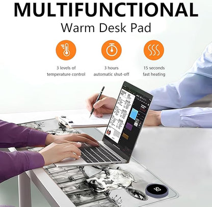 Heated Mouse Pad with 3 Levels Heated & 3 Hours Auto Shut-Off Mouse Pad for Warming Hands in Office Home, 31.5" x 13"Large Safe Desk Mat Hand Warmer，Three Lovely Cows