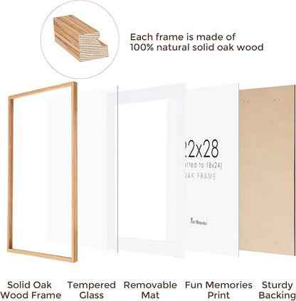 22x28 Picture Frame, 22 x 28 Poster Frame - Solid Oak Wood and Tempered Real Glass, 22"x28" Wood Frame, 22x28 Picture Frame Matted to 18x24, 22 by 28 Art Frame, Natural Oak Color