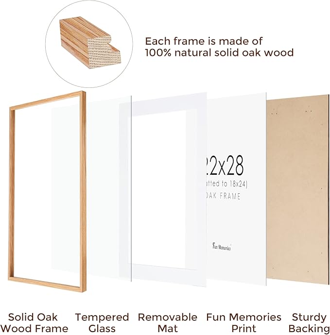 22x28 Picture Frame, Natural Oak Wood 22 x 28 Poster Frames, Set of 2, 22x28 Frame Matted to 18x24, 22 by 28 Picture Frames with Tempered Glass, Oak Color